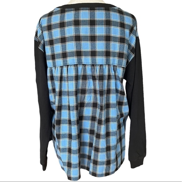 NWT ANTHROPOLOGIE PILCRO Black & Blue Plaid Contrast Long Sleeve Top - Picture 4 of 6